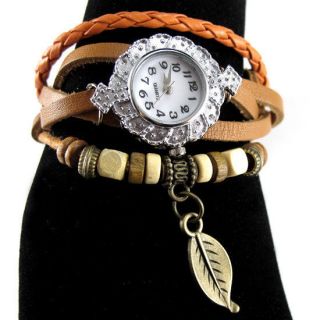 Fashion 6 Color Quartz Weave Wrap Around Leather Bracelet Lady Women Wrist Watch