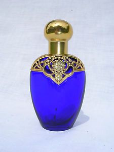 Avon Cobalt Blue Mesmerize Cologne Perfume Bottle Gold Filigree Top Empty