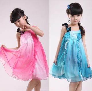 New Fashion Q015 Baby Cute Girls Chiffon Satin Flower Ruffles Kids Flowy Dress