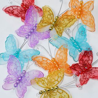 2" Sheer Nylon Crystal Wire Butterfly w Beads Party Decorations 24pcs