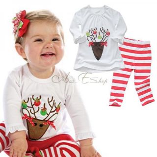 2pcs Christmas Baby Girls Outfit Top Shirt Striped Leggings Pants Set 6M 4T