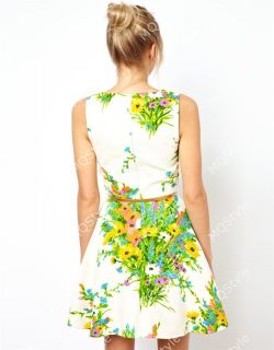 Womens Girls Fashion V Neck Sleeveless Flower Print Mini Dress B2977