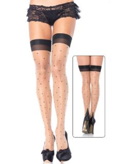 Plus Size Sheer Nude Black Polka Dot Pinup Thigh High Stockings 1929 O S