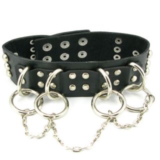 N12 Rock Men Women Heavy Ring Chain Black Leather Collar Choker Button Gothic