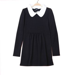Women Colour Block Pleated Peter Pan Contrast Collar Baby Doll Long Sleeve Dress