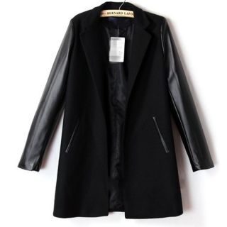 New Womens European Fashion Faux Leather Sleeve Mix Long Winter Trench Coat B445