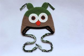 Cute Handmade Baby Toddler Owl Hat Beanie New Green Brown 2 3Year Photo Prop