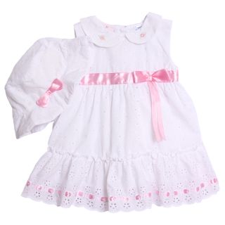 BT Kids Newborn Baby Girls 3 Piece White Pink Eyelet Dress Bloomers Sun Hat Set