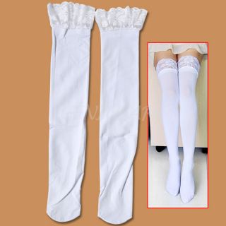 Pantyhose White Sexy Designer Women Thick Lace Top Opaque Thigh High Stockings