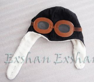 Baby Toddler Boy Girl Kids Pilot Aviator Warm Cap Hat Beanie Goggle Black Brown