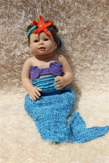 New Handmade Crochet Knit Mermaid Tail Headband Newborn Baby Photo Prop Binary