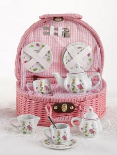 Chic Colorful Child's Bird House Tea Set for Two in Posh Basket by Delton