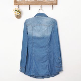 New Womens European Fashion Pocket Collar Denim Jean Long Sleeve Shirts B1156