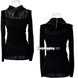 Women Long Sleeve Synthetic Leather Lace Collar Knitting Shirt Tops Blouse ES9P