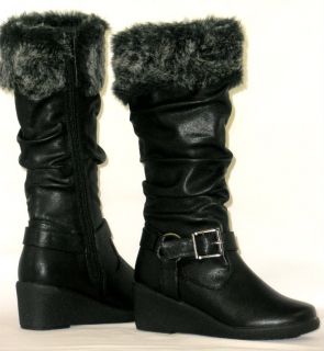 Girls Kids Tall Slouchy Buckle Boots Low Wedge Warm Faux Fur Youth Toddler Size