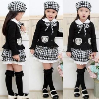 3pcs Girls Kids School Uniform Outfit Bowknot Top Plaid Skirt Hat Dress Clothes