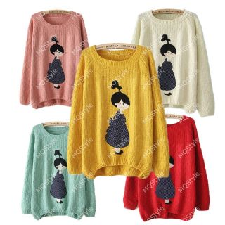 Womens Fashion Loose Crewneck Little Girl Knit Long Sleeve Sweater 5 Color B2967
