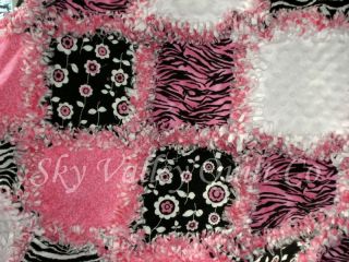 Baby or Girl Rag Quilt Mod Hot Pink and Black Flowers Zebra Stripes Cotton