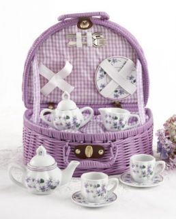 Cute Colorful Delton Child's Purple Violets Tea Set for Two in Posh Basket