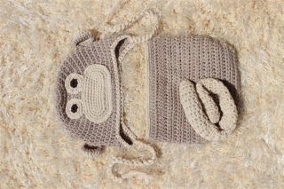 Cute Handmade Grey Monkey Orangutan Newborn Baby Knit Hat Nappy Photo Prop New