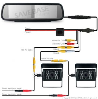 Double 4 3" Car LCD Mirror Monitor Reverse Kit Screen 2 Camera Trailer Truck