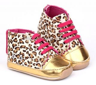 Baby Girl Leopard Gold Rubber Sole Walking Shoes Size 6 12 12 18 18 24 Months