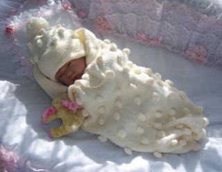 Hand Knitted Papoose Cocoon Hat Set Newborn Baby 16 19" Reborn Baby Girl Boy