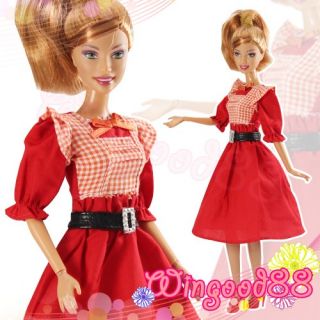 Handmade Red Orange Plaid Clothes Long Party Dress Belt Shoes for Barbie Dolls