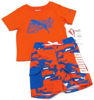 Puma Infant Baby Boys 12 mos Orange Tee Shirt Blue Swim Surf Shorts Set