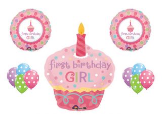 1st Birthday Girl Cupcake Polka Dot Pink Mylar Latex Birthday Balloon Set Kit