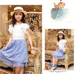 New Kids Lovely Girls Princess Cute Dots Hem and Skirt Lace Dresses AGES7 13Y