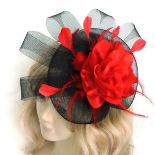 Red Black Flower Feather Hair Clip Top Hat Fascinator Head Band Wedding Party