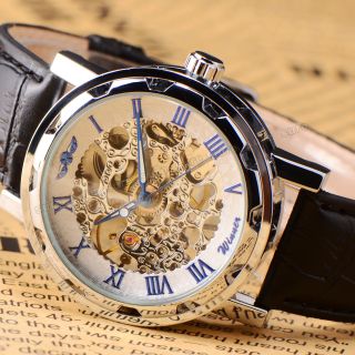 Classical Black Leather Blue White Analog Hand Winding Mechanical Wristwatch