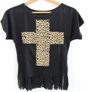 Womens Fashion Leopard Cross Tassel T Shirt Tops Ladies Casual Short Sleeve Sexy