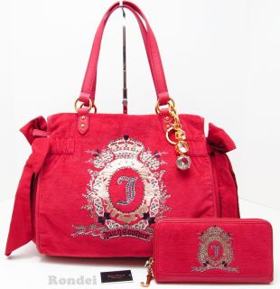 Authentic Juicy Couture Red Cameo Crest Daydreamer Bag Wallet Keychain 3 PC Set