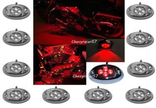 10pc Red LED Chrome Modules Motorcycle Chopper Frame Neon Glow Lights Pod Kit