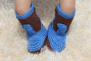 New Handmade Crochet Dark Blue Brown Cowboy Baby Boots Shoes Newborn Photo Props
