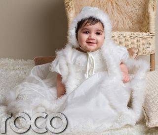 Baby Girls Ivory Christening Dresses Faux Fur Trim Flower Bead Pattern Dress