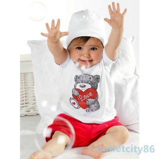 New 2pcs Tops Pants Set Baby Kids Bear Heart Pattern Outfits Clothes 0 3 Years