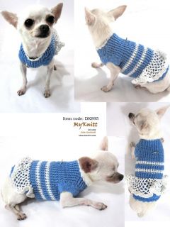 Soft Blue Dog Dress Puppy Sweater Cat Clothes Pet Unique Handmade Crochet D895
