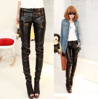 Womens European Fashion Faux Leather Slim Motorcycle Black Pant E640 A