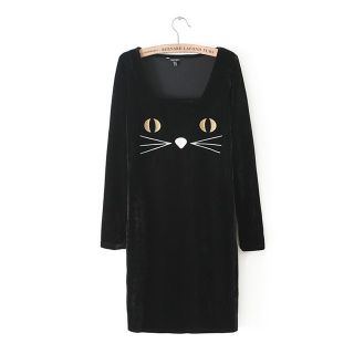 Womens European Fashion Long Sleeve Crewneck Cat Face Print Slim Dress B3795