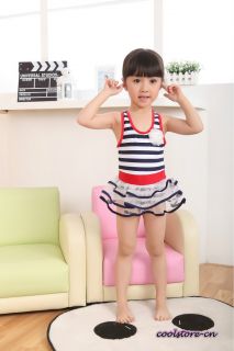 Toddler Kid's Girl Swimwear Bathingsuit Tankini Set Cap Striped Full Skirt Y504