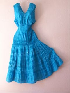 New Long Turquoise Blue Crochet Lace Ric Rac Peasant Maxi Boho Dress 22 20 2X