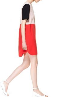 New Womens European Fashion Crewneck Short Sleeve Splice Chiffon Dress B2025