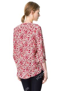 New Womens European Fashion Red Flower Print V Neck 7 10 Sleeve Chic Shirt B2638
