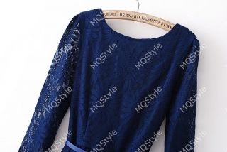 Womens Fashion Crewneck V Back Belt Flower Lace 3 4 Sleeve Mini Dress B3231