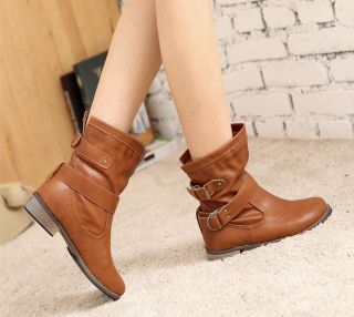 New Lady Autumn Winter Warm Low Heel Mid Calf Strappy Round Toe Boot Shoes Black