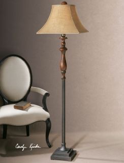 Kezia Cinnamon Wood Dark Bronze Metal Floor Light Lamp Weave Burlap Shade New