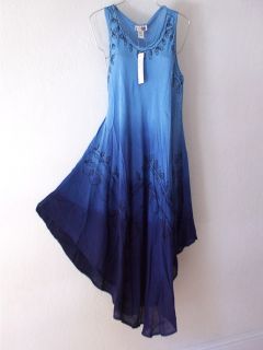 New Long Deep Blue Ombre Tie Dye Peasant Boho Bohemian Maxi Dress 8 10 M Medium